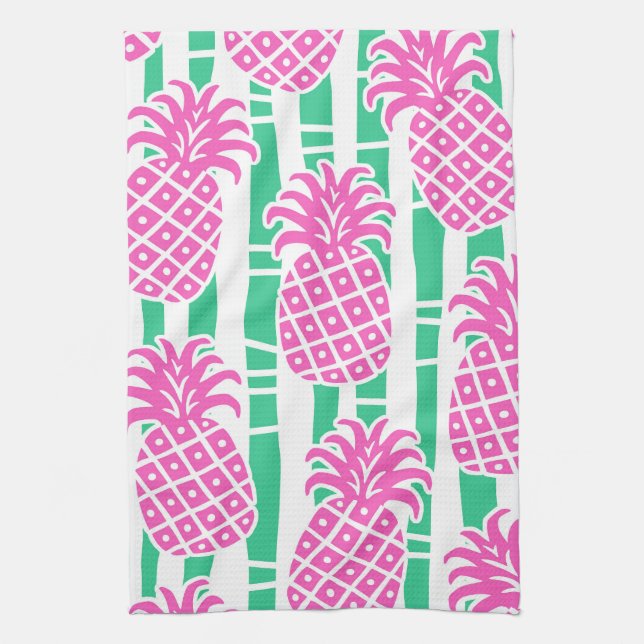 Ananas Bambu Ränder Rosa & Grön Mönster Kökshandduk (Vertikal)