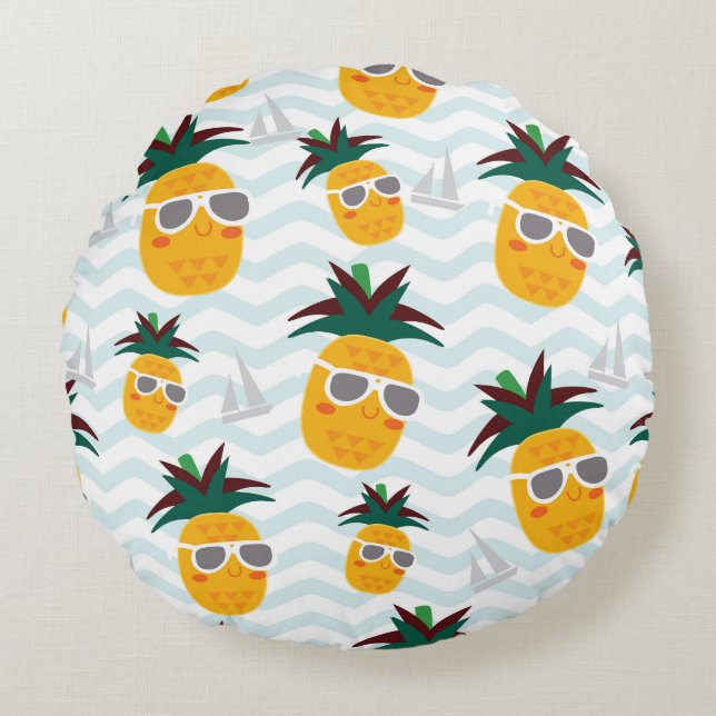 Ananas, båt: sött hav mönster. rund kudde (Framsidan)
