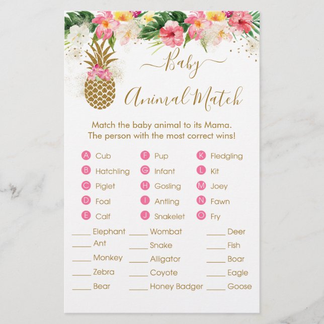Ananas Blommigt Baby Shower Animal Match Game (Framsida)