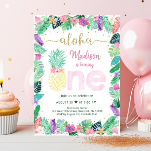 Ananas Blommigt Rosa Guld Första födelsedag Inbjudningar