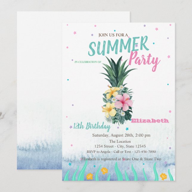 Ananas Blommor Snigelskal Födelsedagsfest Inbjudningar (Fram/baksida)