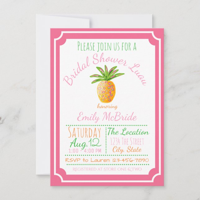 Ananas Bröllopsdusch Inbjudan Rosa Bris (Framsida)