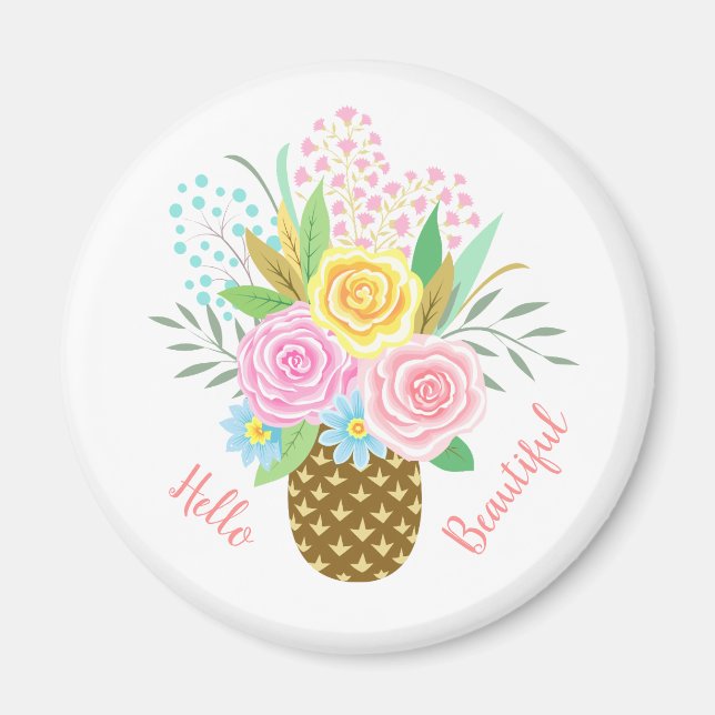 Ananas Bukett med rosor Hej  Fackisk Rosa Gult Magnet (Framsidan)