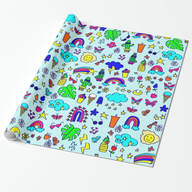 Ananas cactus rainbow monstera doodle presentpapper (Utrullad)