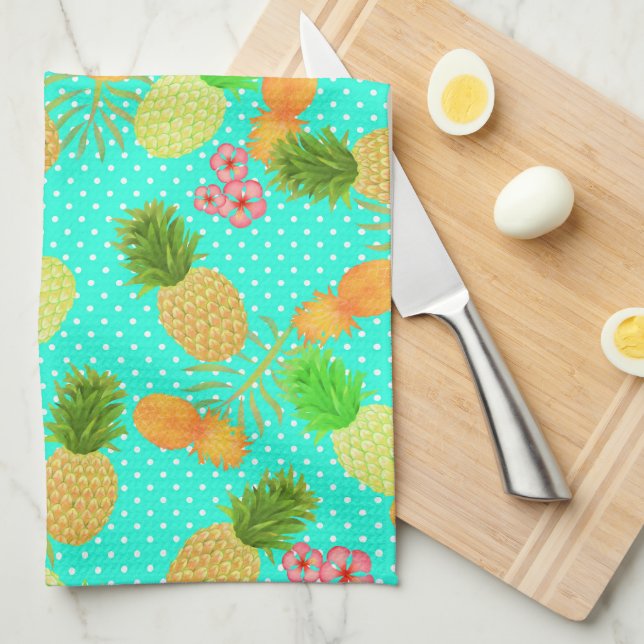 Ananas Dots Teal Kökshandduk (Vikt i Fjärdedel)