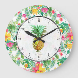 Ananas & färgrikt tropiskt blommamönster stor klocka