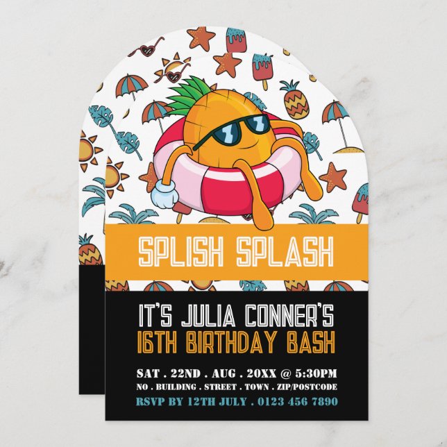 Ananas Flyter, Bassäng Party födelsedag Inbjudningar (Fram/baksida)