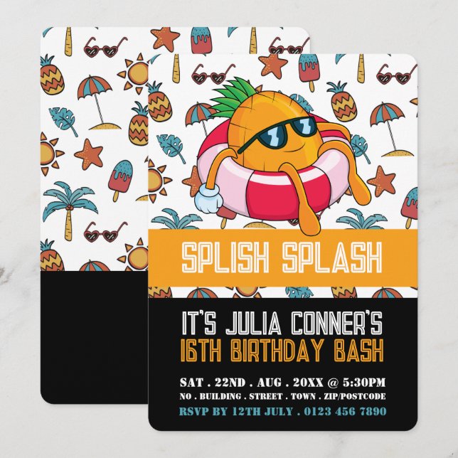 Ananas Flyter, Bassäng Party födelsedag Inbjudningar (Fram/baksida)