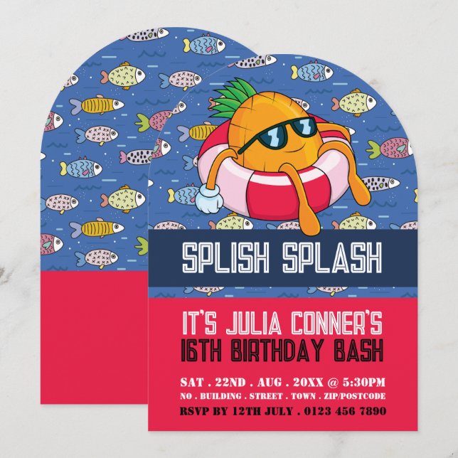 Ananas Flyter, Tecknad Fisk Bassäng Party födelsed Inbjudningar (Fram/baksida)