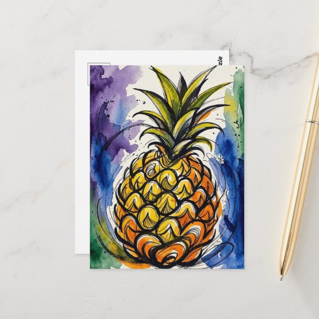Ananas Frukt Akvarell Klotter Vykort (Fram/Back In Situ)