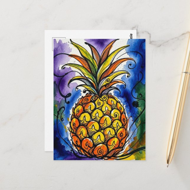 Ananas Frukt Vattenfärg Doodle Vykort (Fram/Back In Situ)