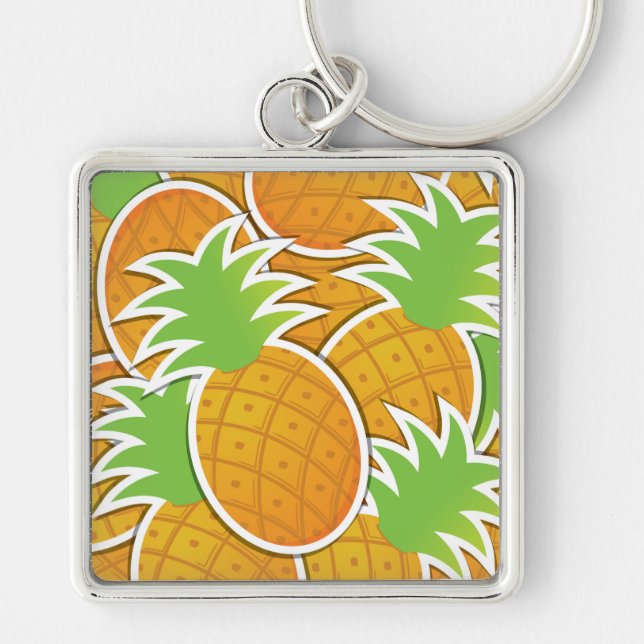 Ananas, funky fyrkantig silverfärgad nyckelring (Framsidan)