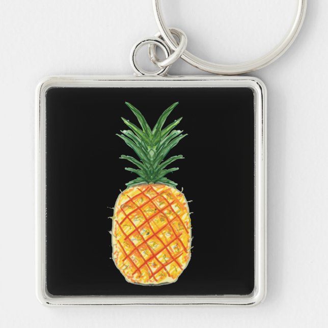 Ananas Fyrkantig Silverfärgad Nyckelring (Framsidan)