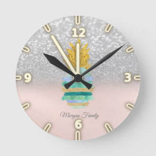 Ananas Grönt Glitter Silver Glitter Bokeh  Rund Klocka