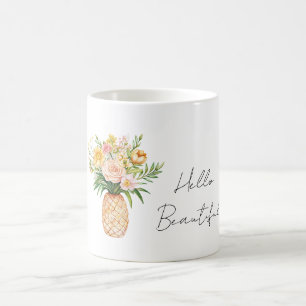 Ananas Gula Rosa Blommor Hej Vacker Kaffemugg