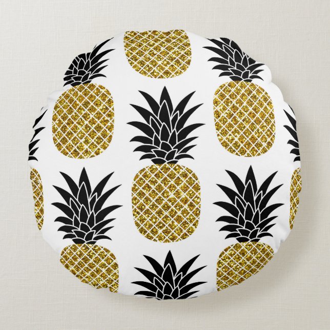 Ananas guld: Hand-Drawn White Seamless. Rund Kudde (Framsidan)