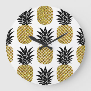Ananas guld: Hand-Drawn White Seamless. Stor Klocka