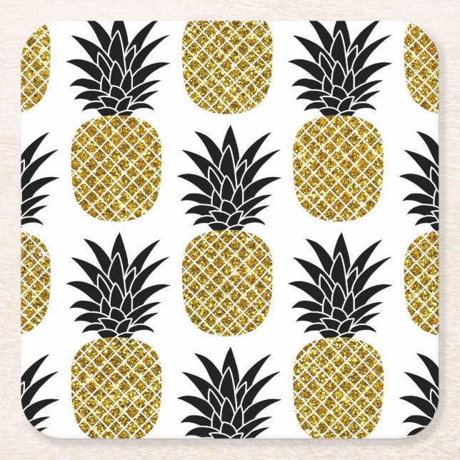 Ananas guld: Hand-Drawn White Seamless. Underlägg Papper Kvadrat (Framsidan)