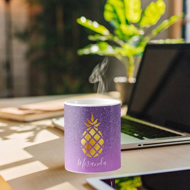 Ananas Guld på lila rosa glitter namn Kaffemugg (Skapare uppladdad)