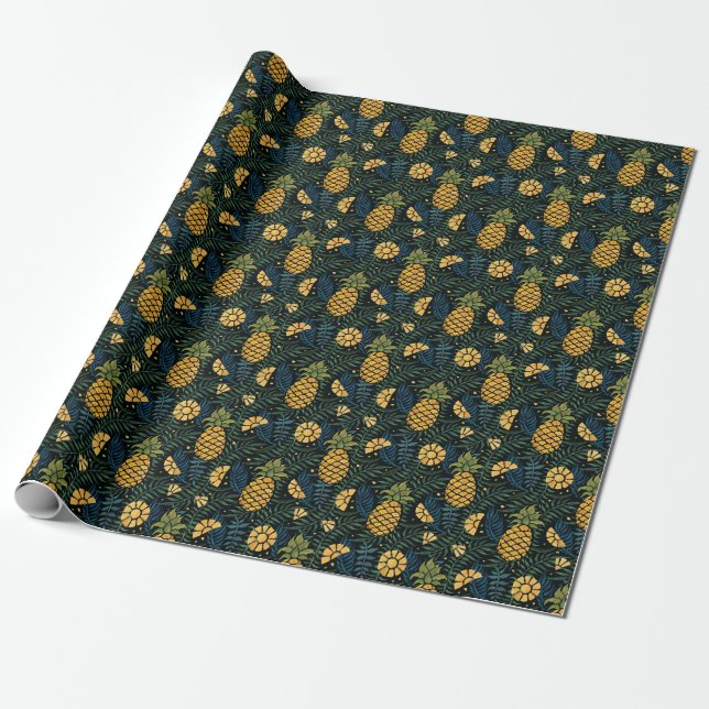 Ananas, handflatan löv: tropiska mönster. presentpapper (Utrullad)