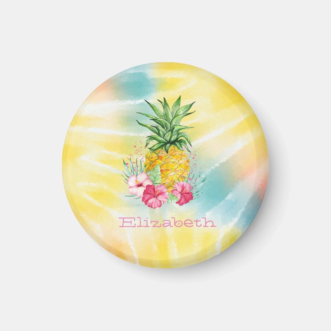 Ananas,Hibiscus Watercolor Rainbow Tie Dye Magnet (Framsidan)