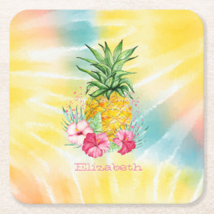 Ananas,Hibiscus Watercolor Rainbow Tie Dye Underlägg Papper Kvadrat