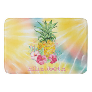Ananas,Hibiskus Akvarell Regnbåge Tie Dye Badrumsmatta