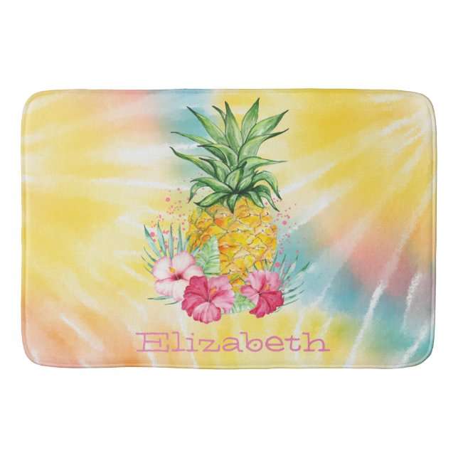 Ananas,Hibiskus Akvarell Regnbåge Tie Dye Badrumsmatta (Framsidan)