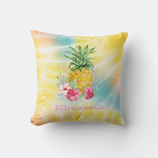 Ananas,Hibiskus Akvarell Regnbåge Tie Dye Kudde (Framsida)
