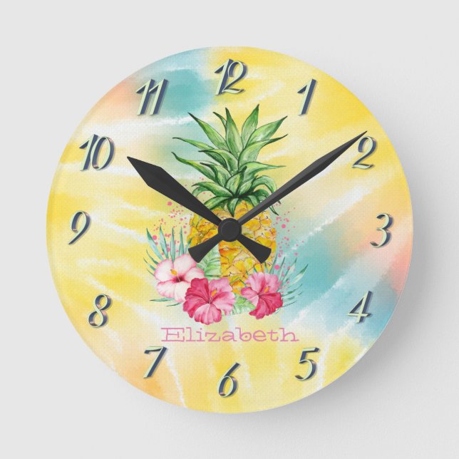 Ananas, Hibiskus Vattenfärg Regnbåge Tie Dye Rund Klocka (Framsida)