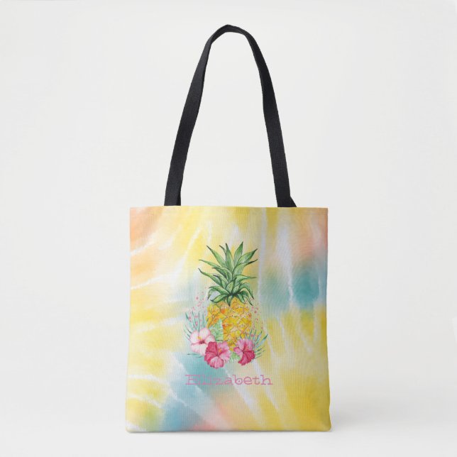 Ananas, Hibiskus Vattenfärg Regnbåge Tie Dye Tygkasse (Framsida)