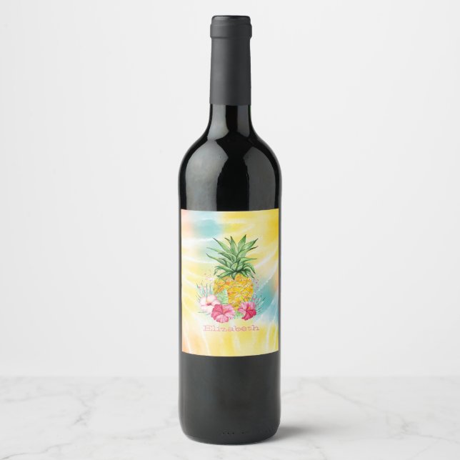Ananas, Hibiskus Vattenfärg Regnbåge Tie Dye Vinflaska Etikett (Framsida)