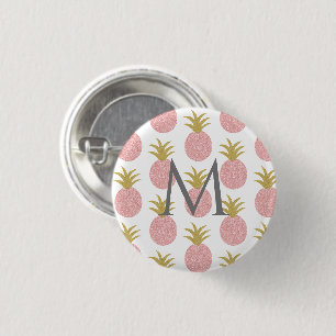 Ananas i Monogram Rosa och Guld Glitter Knapp