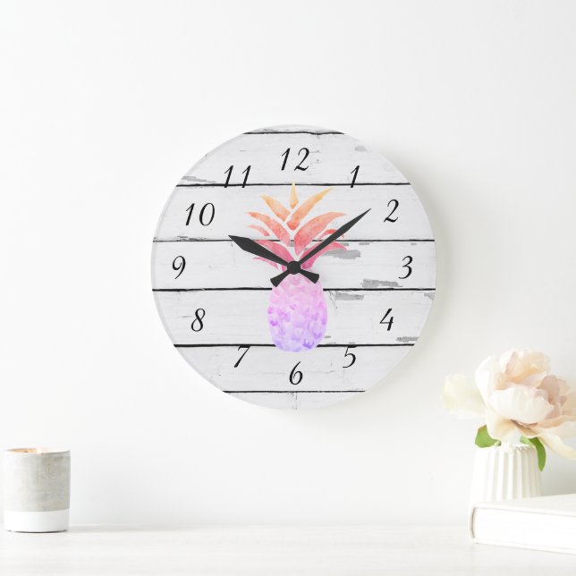 Ananas Illustration Decor Rustic Shiplap Stor Klocka (Hem)