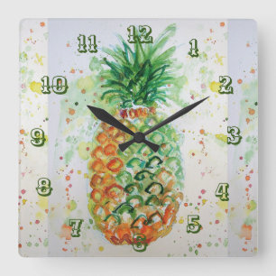 Ananas Lime Tropisk Frukt Akvarell Konst Fyrkantig Klocka