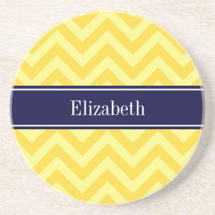 Ananas Lt Gult LG Chevron Navy Namn Monogram Underlägg Sandsten