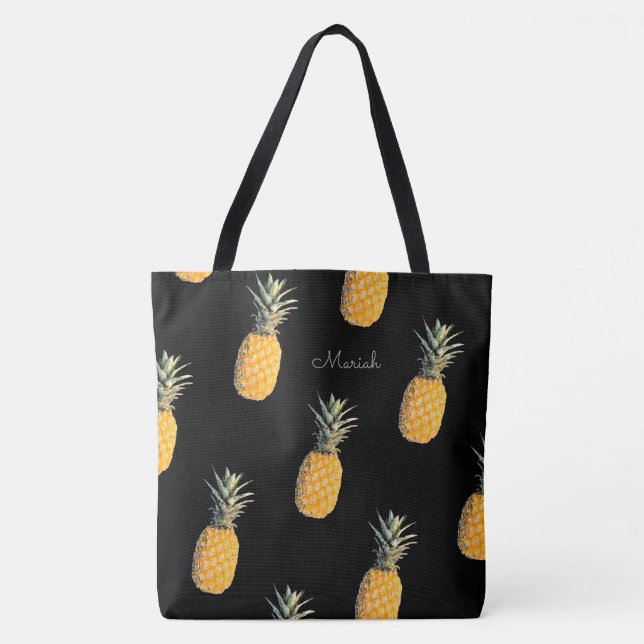 Ananas med ditt namn på svart tygkasse (Framsida)