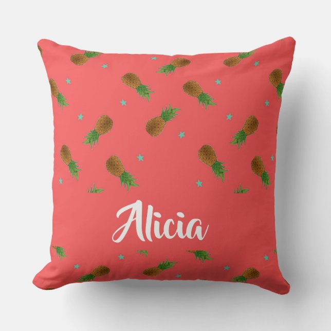 Ananas med eget namn på rosa nattljus kudde (Framsida)