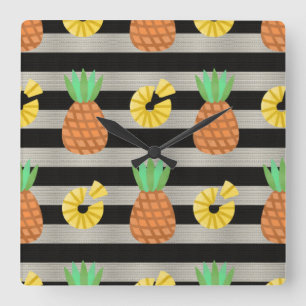 Ananas Modern Svart & Vita Ränder Fyrkantig Klocka