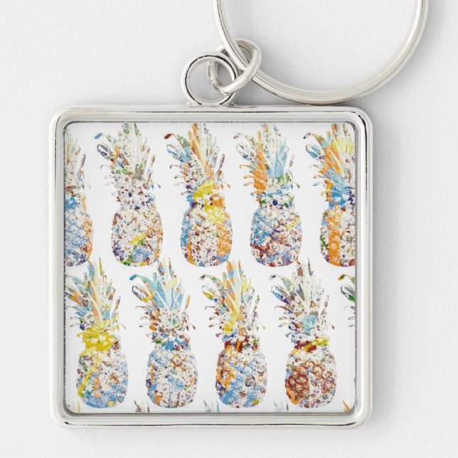 Ananas Mönster Fyrkantig Silverfärgad Nyckelring (Framsidan)