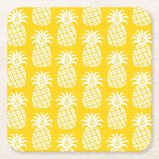 Ananas Mönster Gult och vit Underlägg Papper Kvadrat (Framsidan)