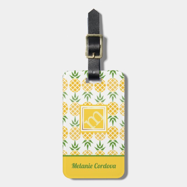 Ananas Mönster-White, Monogram Bagagebricka (Vertikal Framsida)