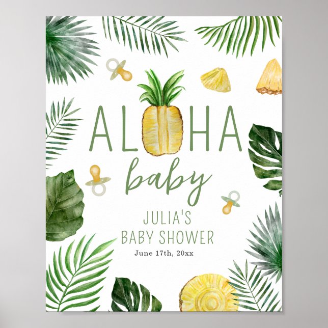 Ananas & Nappar Aloha Baby Shower Grönt Poster (Framsidan)