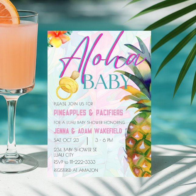 Ananas & Nappar Girl Aloha Luau Baby Shower Inbjudningar (Pineapples Pacifiers Girl Aloha Luau Baby Shower Invitation)