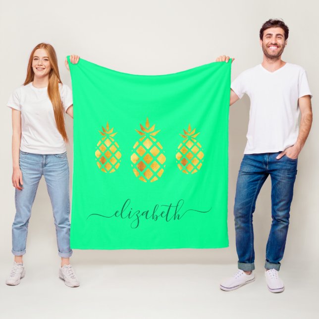 Ananas, neo mint monogram, guld fleecefilt (På plats)