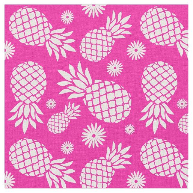 Ananas och blommor rosa vit mönster tyg (Närbild)