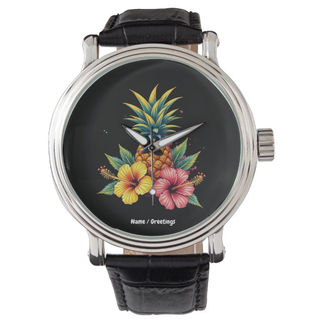 Ananas och Hibiscus Blommigt Hawaii Summer Beach Armbandsur (Framsida)