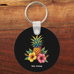 Ananas och Hibiscus Blommigt Hawaii Summer Beach Nyckelring
