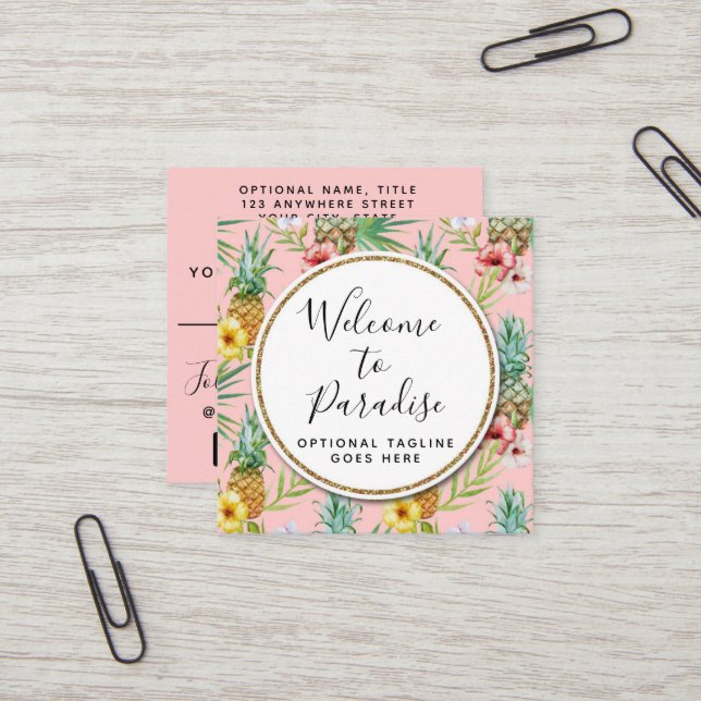 Ananas och Hibiscus Blommor Vattenfärg Tropiskt Fyrkantigt Visitkort (Fram/Back In Situ)