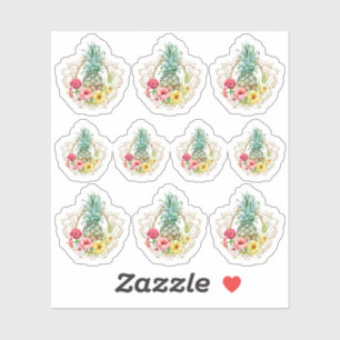 Ananas och Hibiscus Blommor Vattenfärg Tropiskt Klistermärken